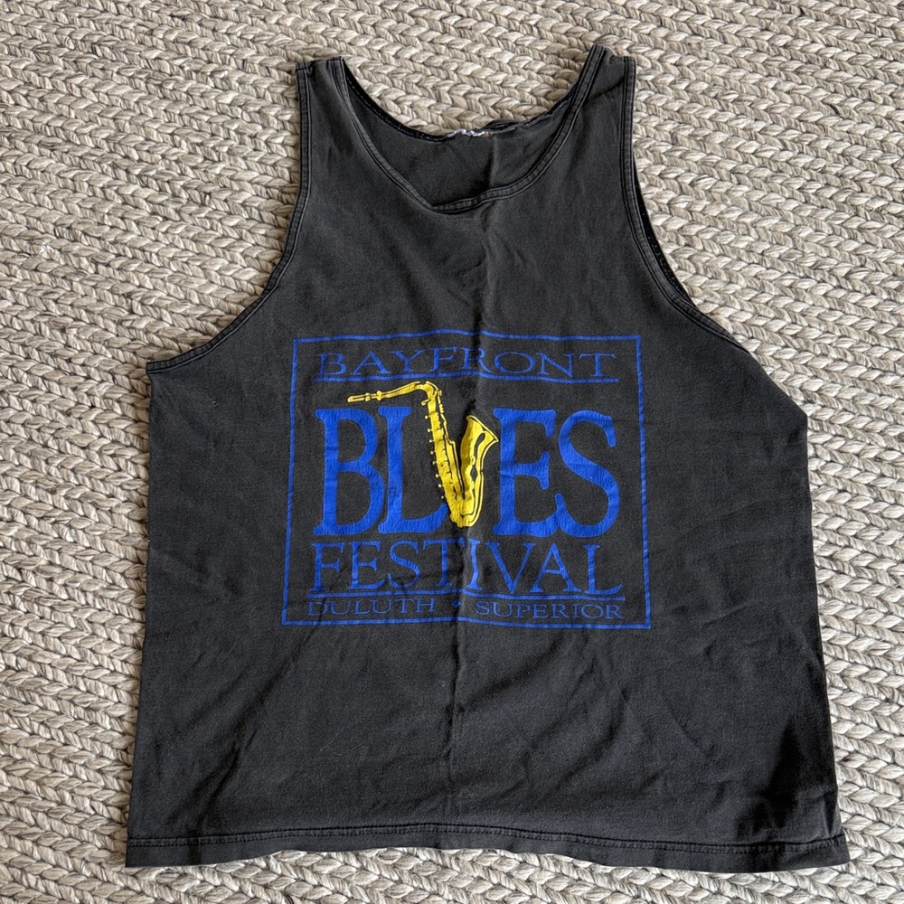 Vintage Black Tank Top with Blue & Yellow Saxophone Festival Graphic